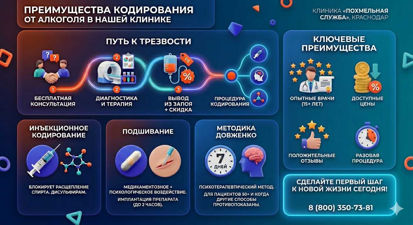Инфографика о методах кодирования от алкоголя в Краснотурьинске: инъекции, подшивание, метод Довженко. Преимущества клиники и этапы лечения.