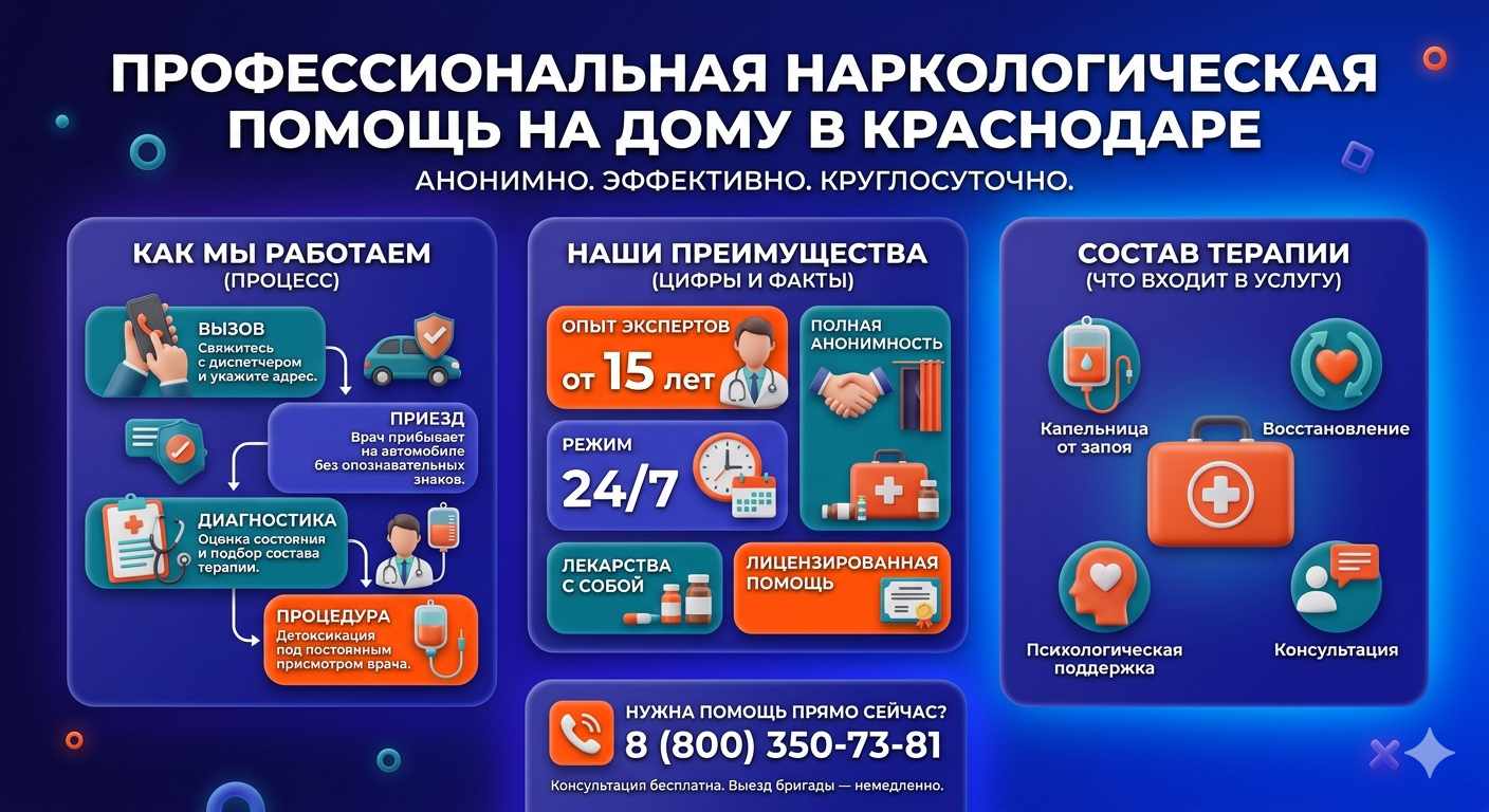 Инфографика о принципах лечения алкоголизма на дому в Краснотурьинске: этапы вызова нарколога, преимущества анонимной детоксикации и состав медицинской помощи.